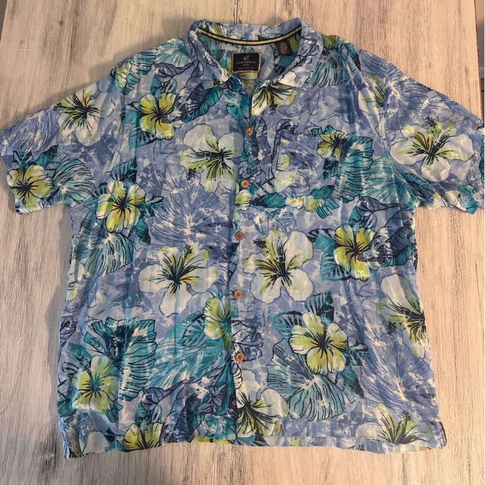 Caribbean‎ Joe Mens XXL Blue Tropical Hibiscus Floral Rayon Button Down Shirt